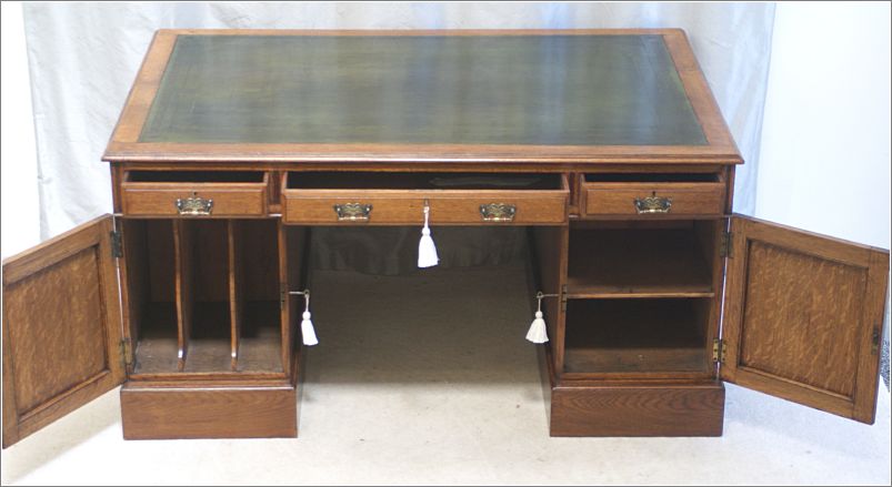 1032 Antique Victorian Oak Partners Desk Rear View Cupboards & Drawers Open